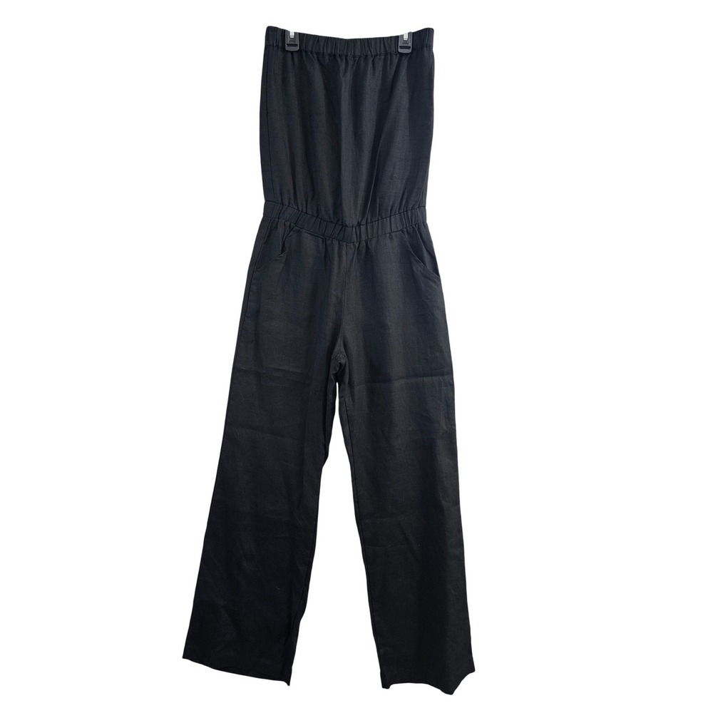Mariyaab Jumpsuit Womens S Black Solid Strapless 100% Linen Wide Leg Pockets euc